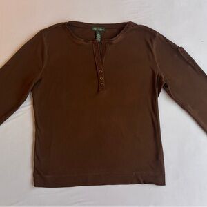 Ralph Lauren Henley Shirt Brown Long Sleeve Cotton Y2K Classic Rugged Outdoor